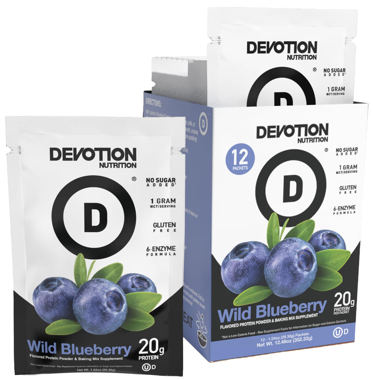 Devotion Nutrition Wild Blueberry packets displayed for easy on-the-go protein.