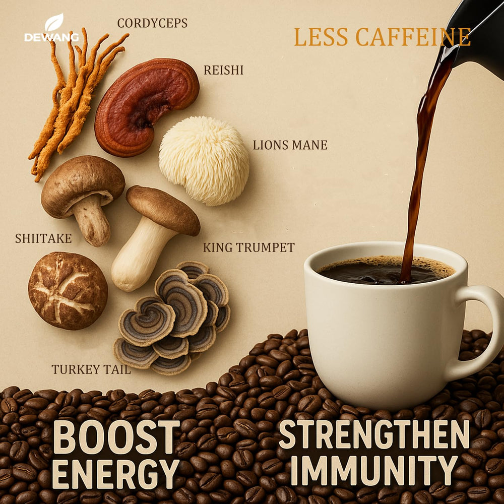 Dewang Mushroom Coffee ingredients label, signaling transparency and a dual-extracted blend.