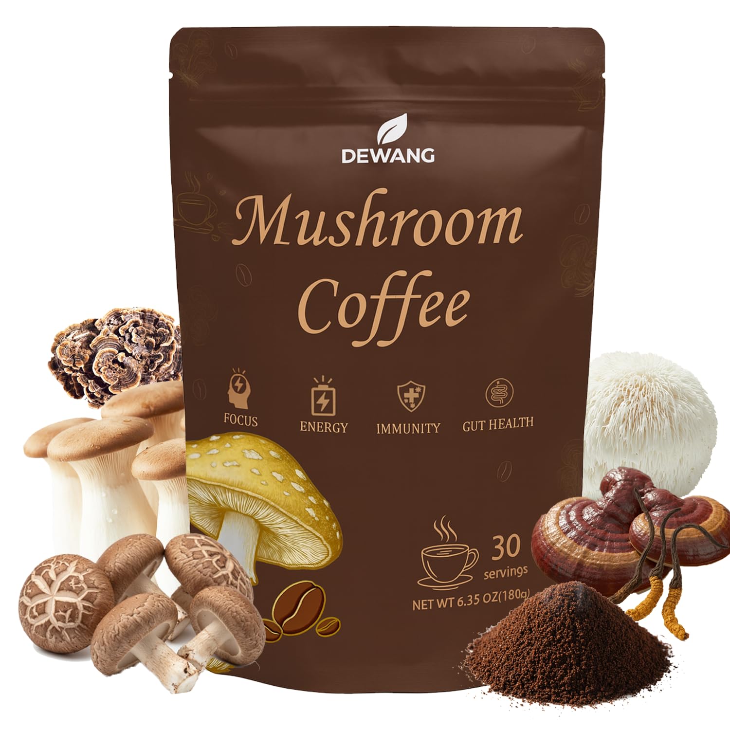 Dewang Mushroom Coffee powder bag closeup highlighting rich flavor and clean energy potential.
