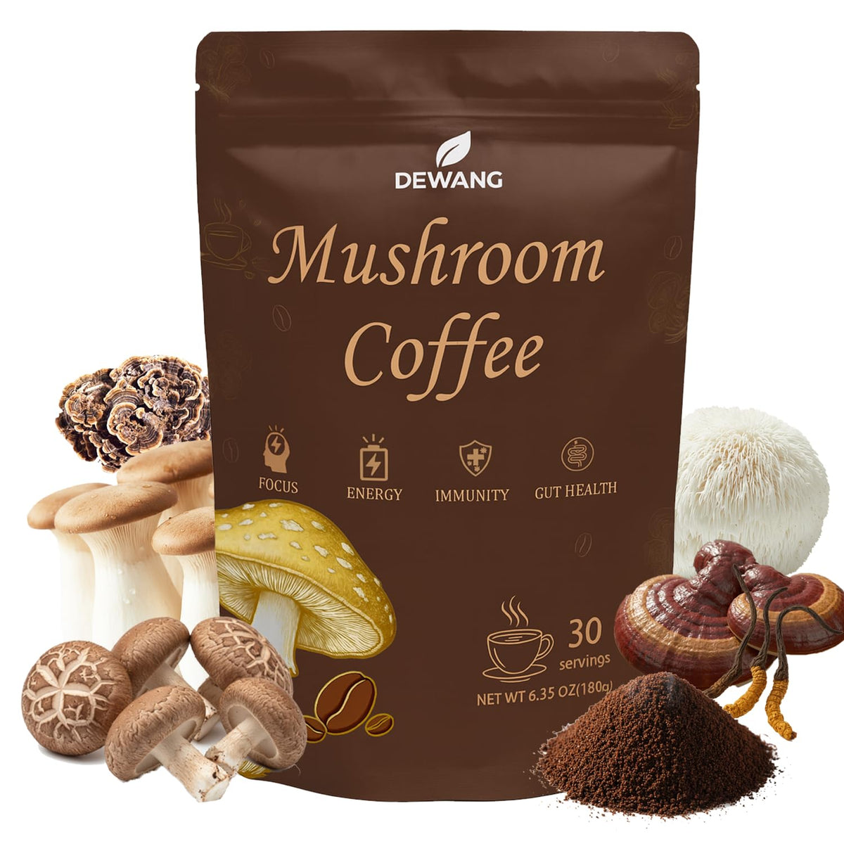 Dewang Mushroom Coffee powder bag closeup highlighting rich flavor and clean energy potential.