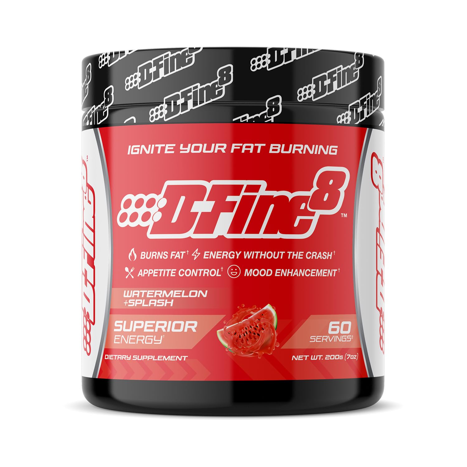 D-Fine8 thermogenic pre-workout with Watermelon Splash boosts training energy.