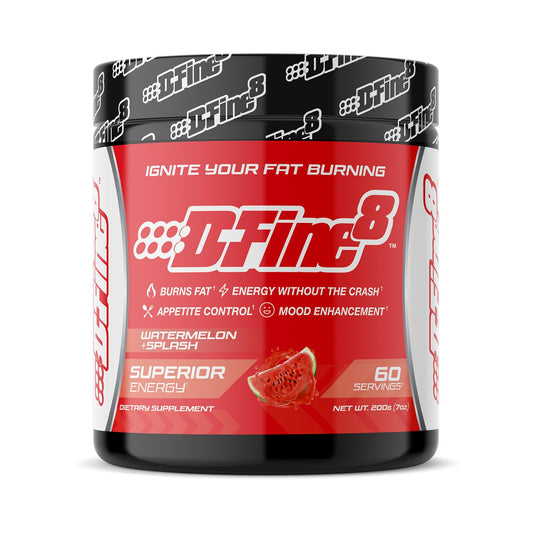 D-Fine8 thermogenic pre-workout with Watermelon Splash boosts training energy.