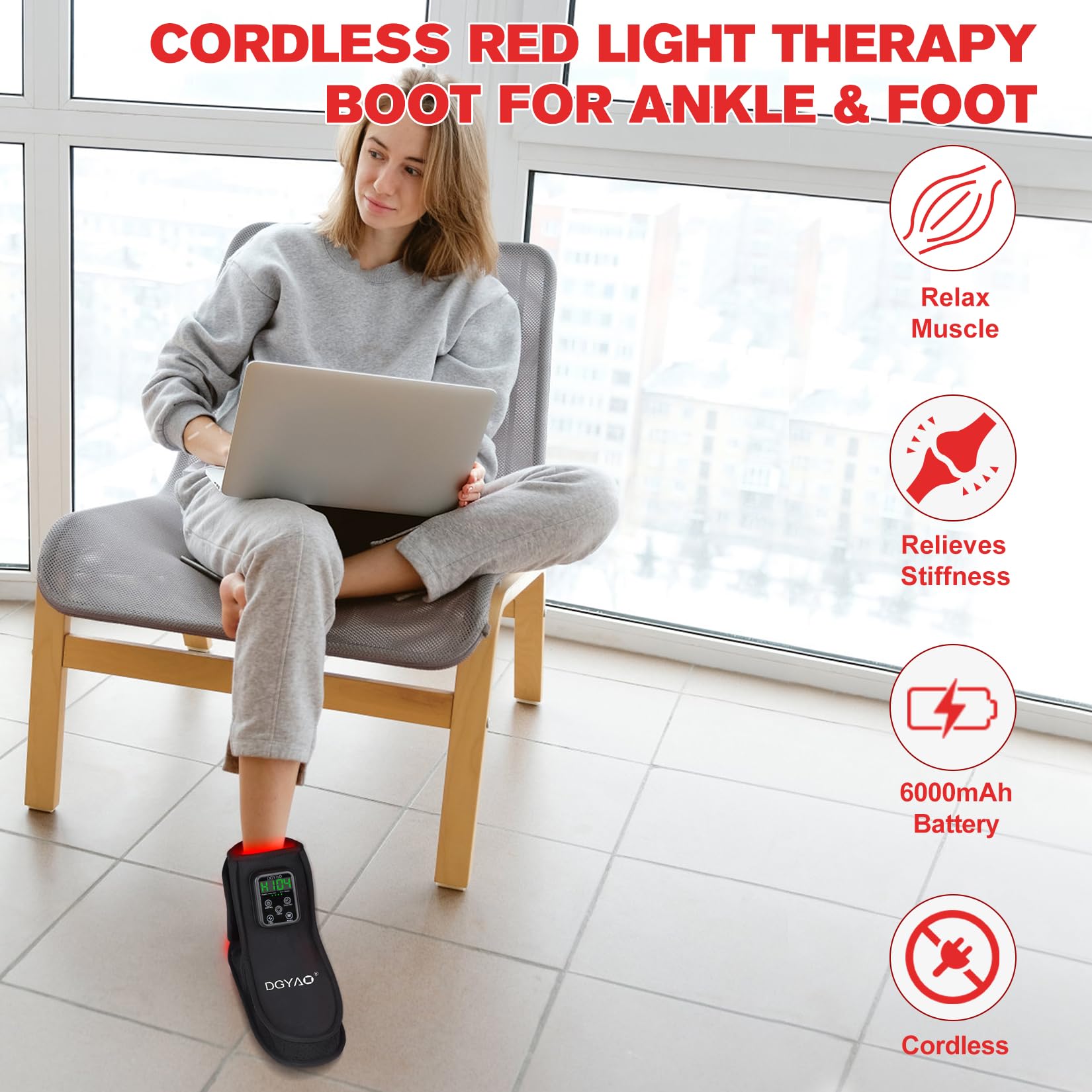 DGQY cordless boot with adjustable wrap for flexible, hands-free relief.