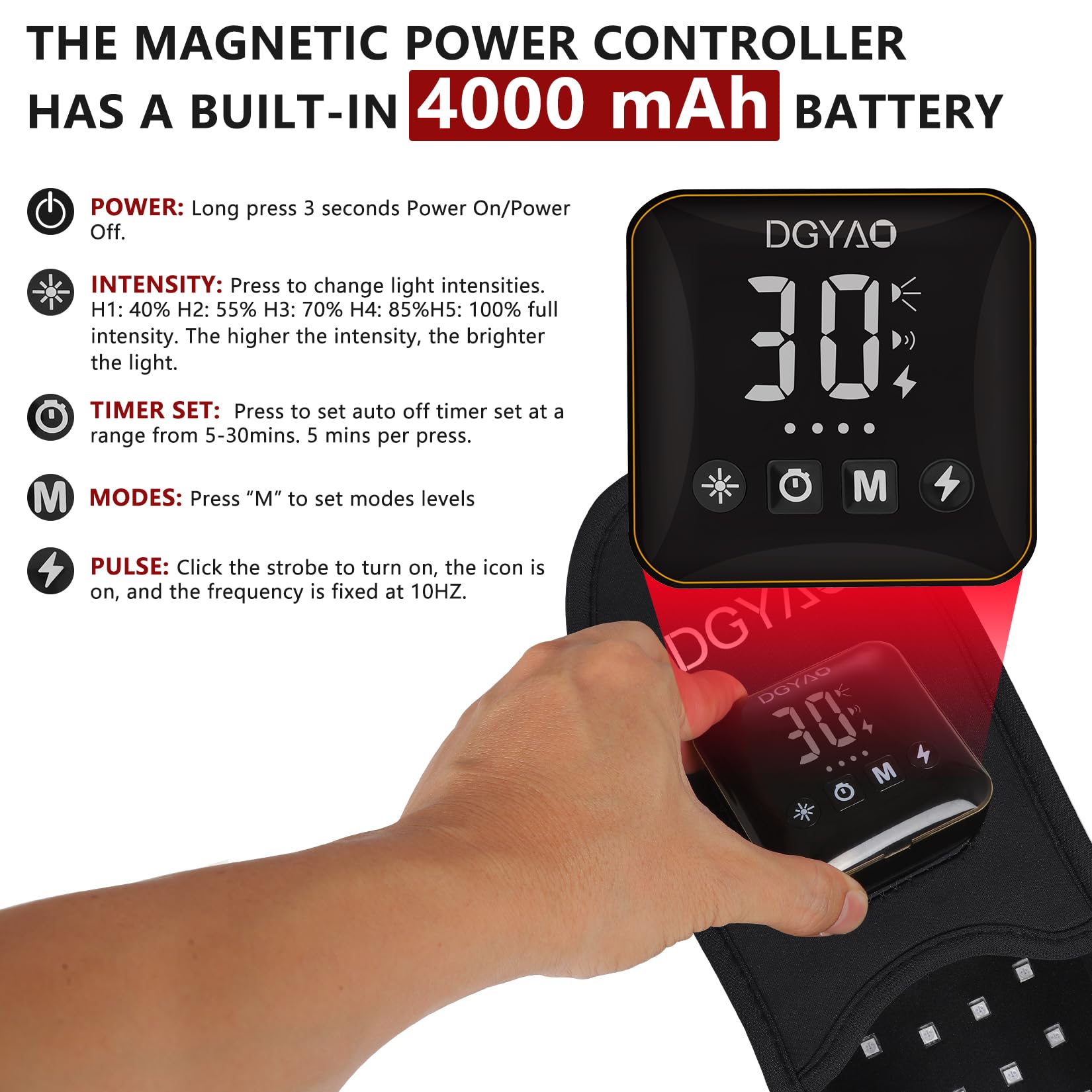 DGQY cordless foot therapy pad battery compartment highlights 4000mAh power.