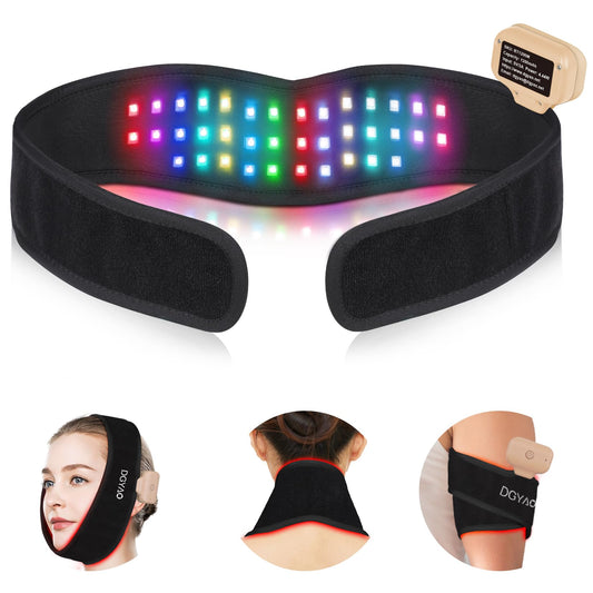 DGQY cordless red light therapy belt on neck and chin for facial care.