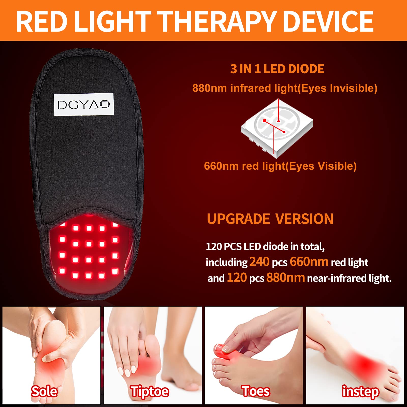 DGQY PS-HJ1 side view of red infrared foot slipper supports whole foot