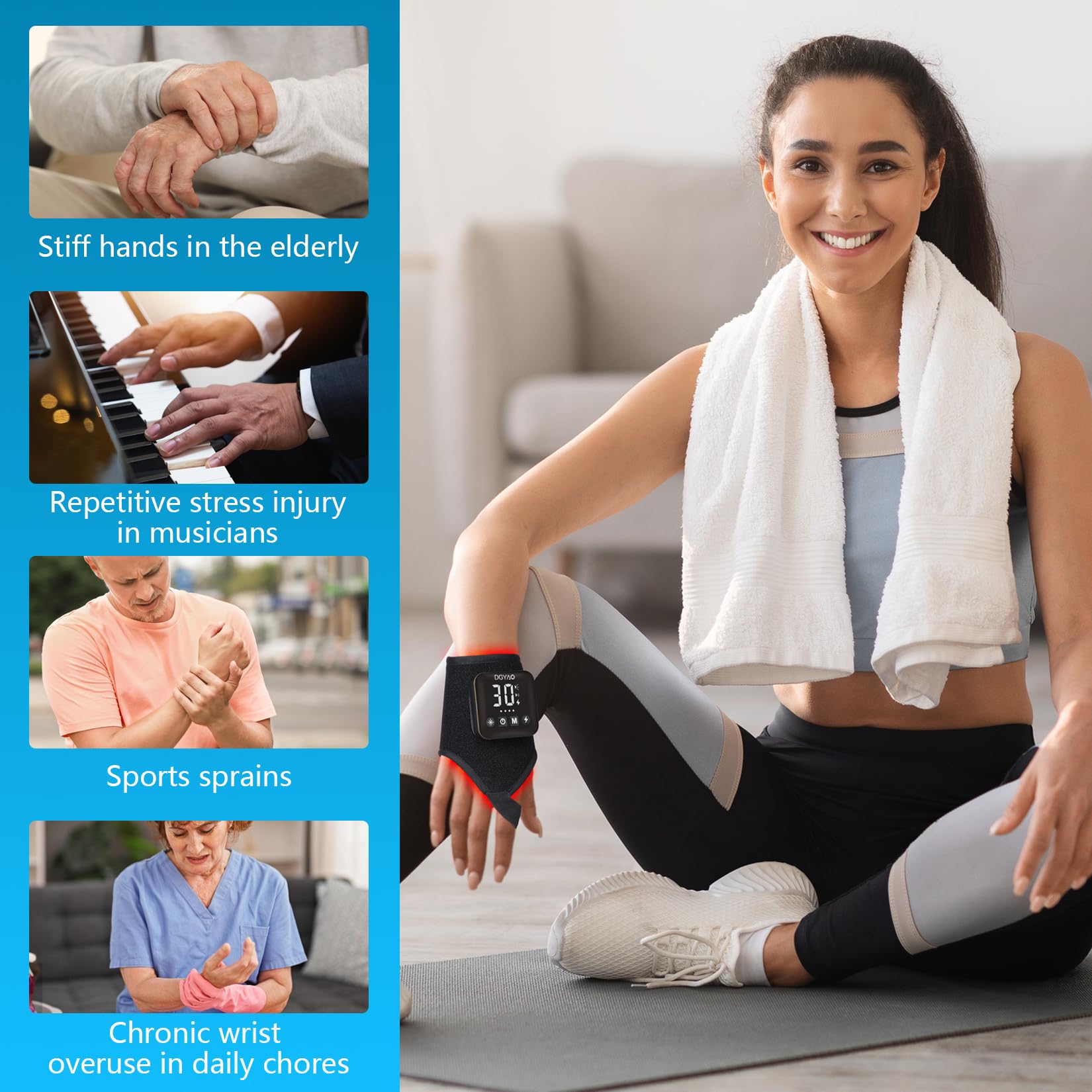 DGQY wrist therapy pad modes image illustrating red and infrared options for flexible therapy.