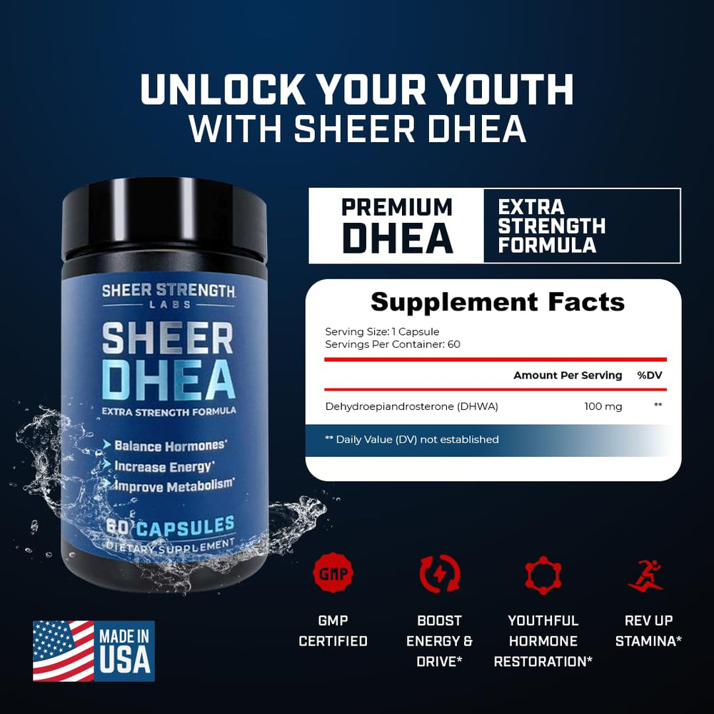 DHEA 100mg capsules closeup showing premium capsules