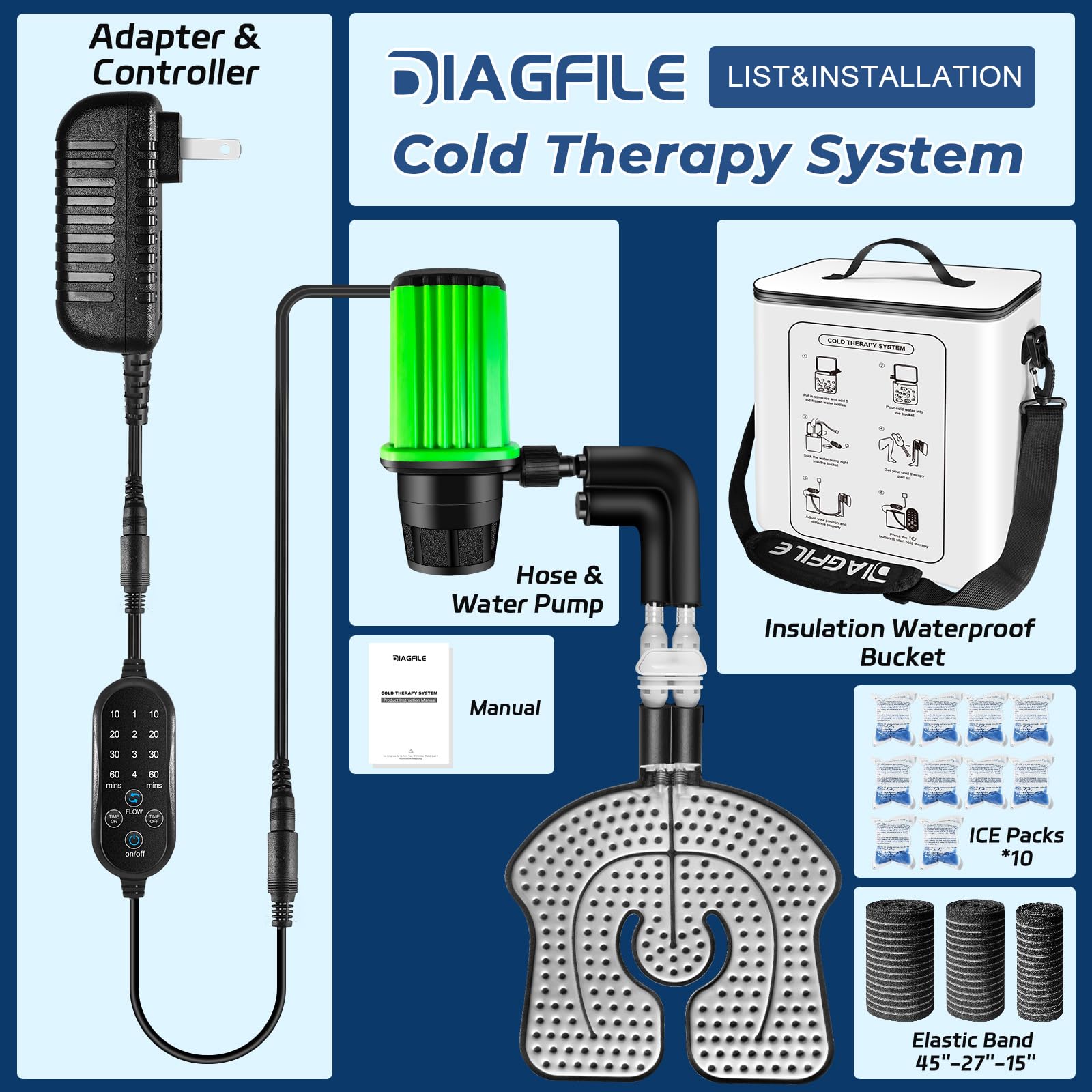 Diagfile cold therapy machine insulated bucket maintains cold supply.