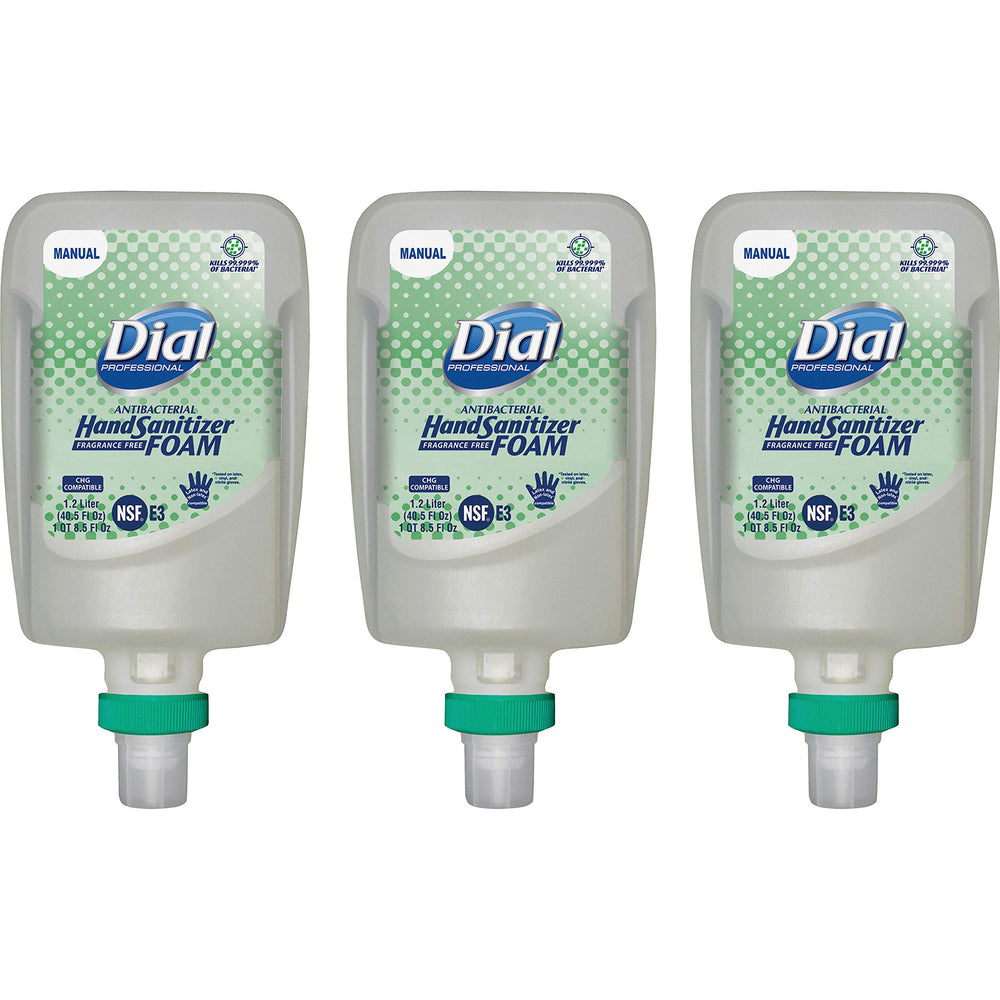 Dial FIT foam sanitizer refill close-up showing fragrance-free, dermatologist-tested formula for sensitive skin.