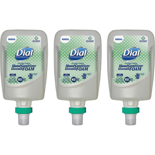 Dial FIT foam sanitizer refill close-up showing fragrance-free, dermatologist-tested formula for sensitive skin.
