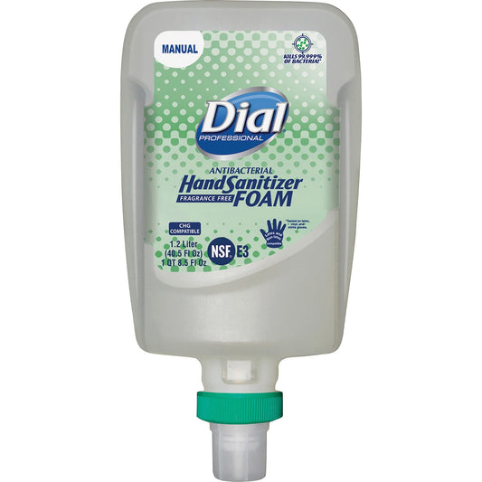 Dial FIT manual dispenser with foam refill delivers quick, no-water sanitization.