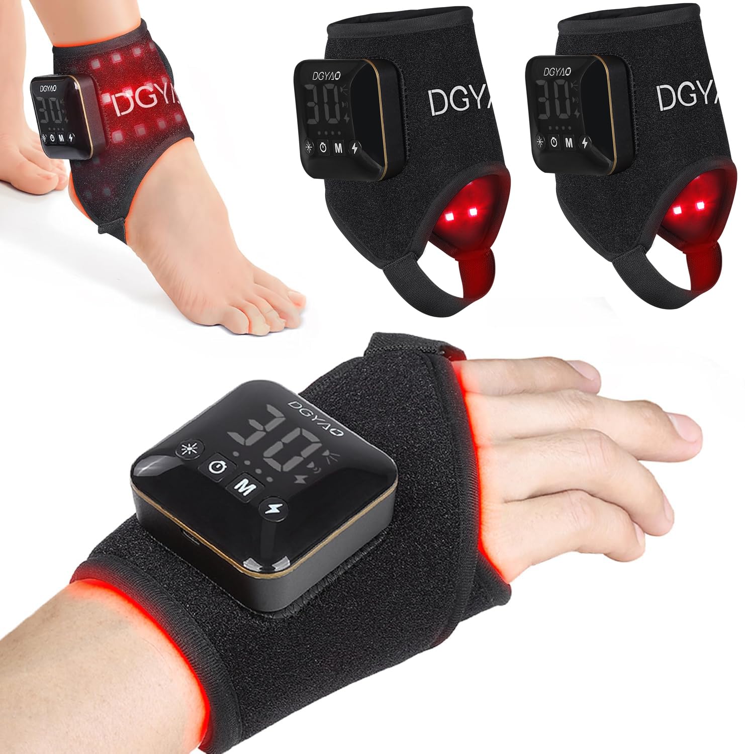 Dialudon ankle-wrap with red light therapy pad delivering targeted relaxation for tired feet.