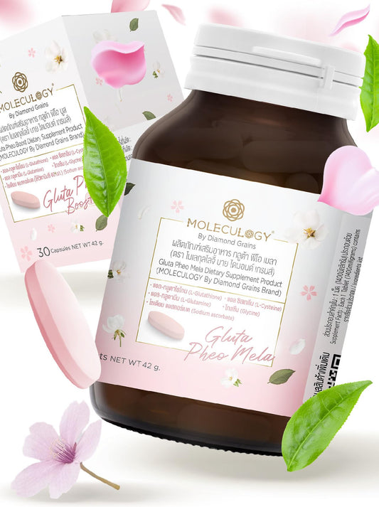 Diamond Grains Moleculogy Gluta Pheo Mela bottle showcases premium Japanese glutathione for daily vitality.