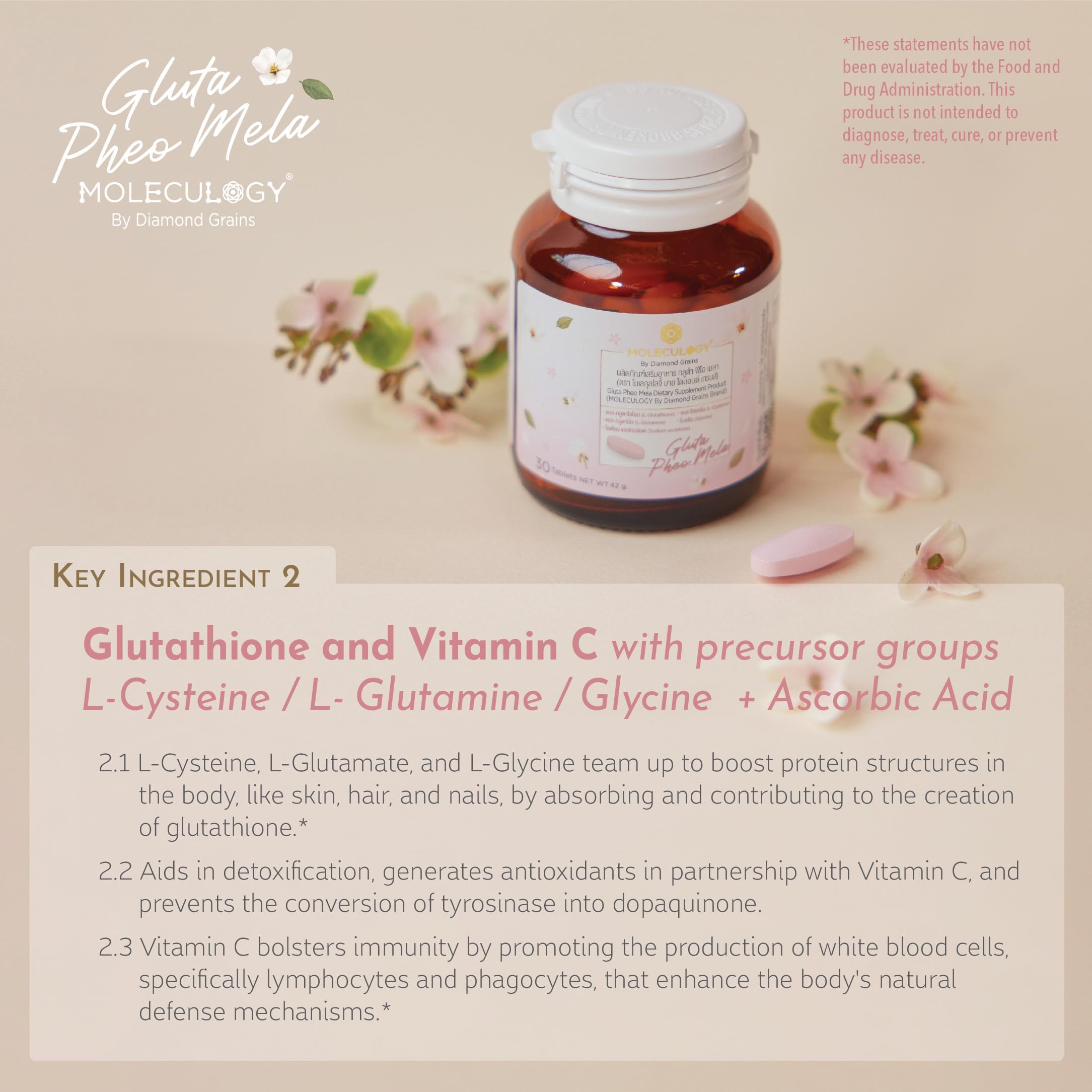 Diamond Grains Moleculogy Gluta Pheo Mela packaging conveys Japanese craftsmanship.