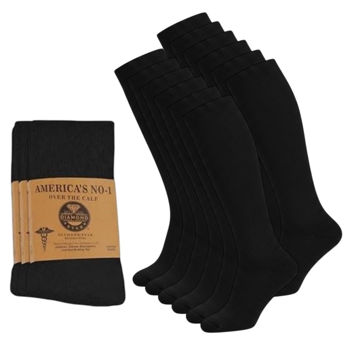 Diamond Star diabetic knee-high socks over-the-calf in black for gentle all-day wear.