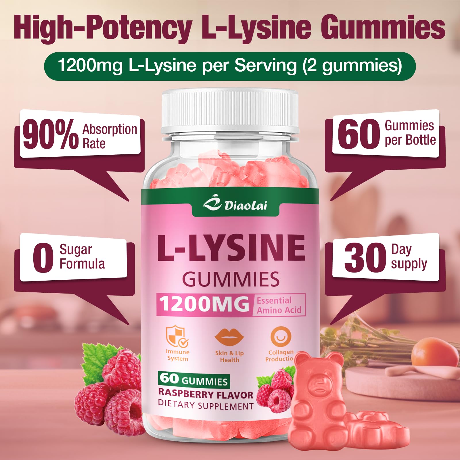 Allergen-free claim on the DIAOLAI Lysine gummies label