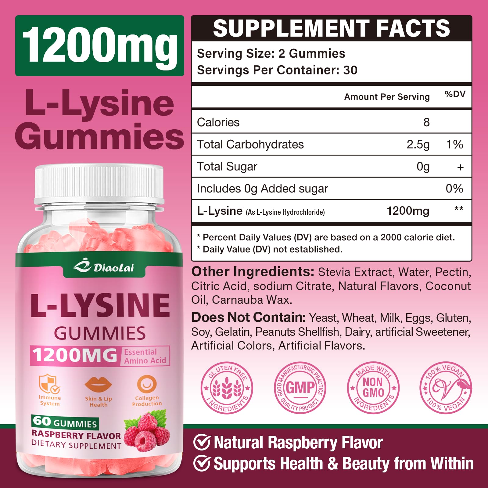 Close-up of DIAOLAI L-Lysine gummies showing chewy texture for daily use