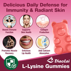 Vegan DIAOLAI Lysine gummies label on bottle indicating allergen-free formula