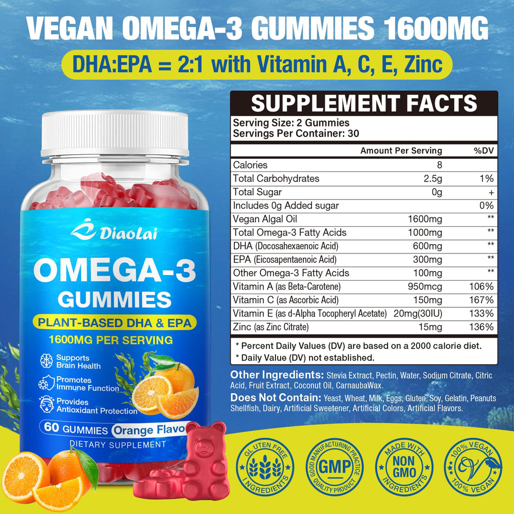 Close-up of orange DIAOLAI omega-3 gummies highlighting flavor