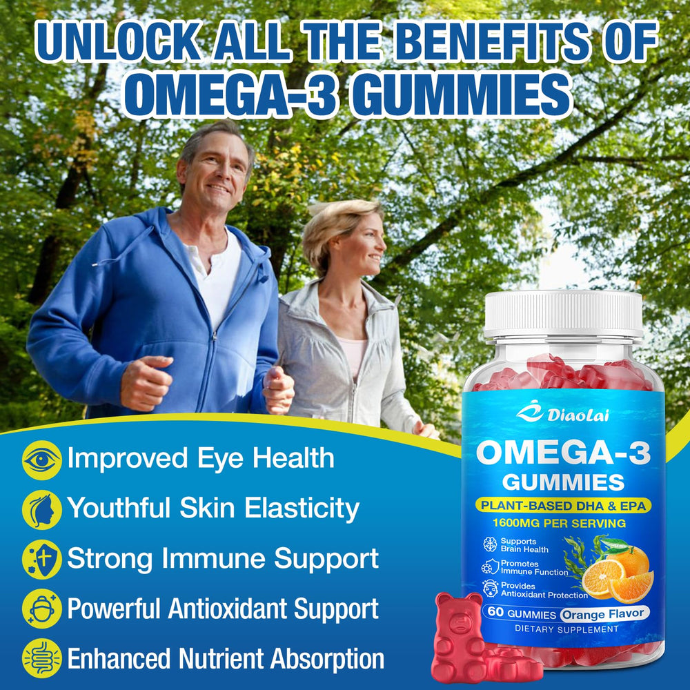 DIAOLAI omega-3 gummies label on jar showing algae-based DHA and EPA