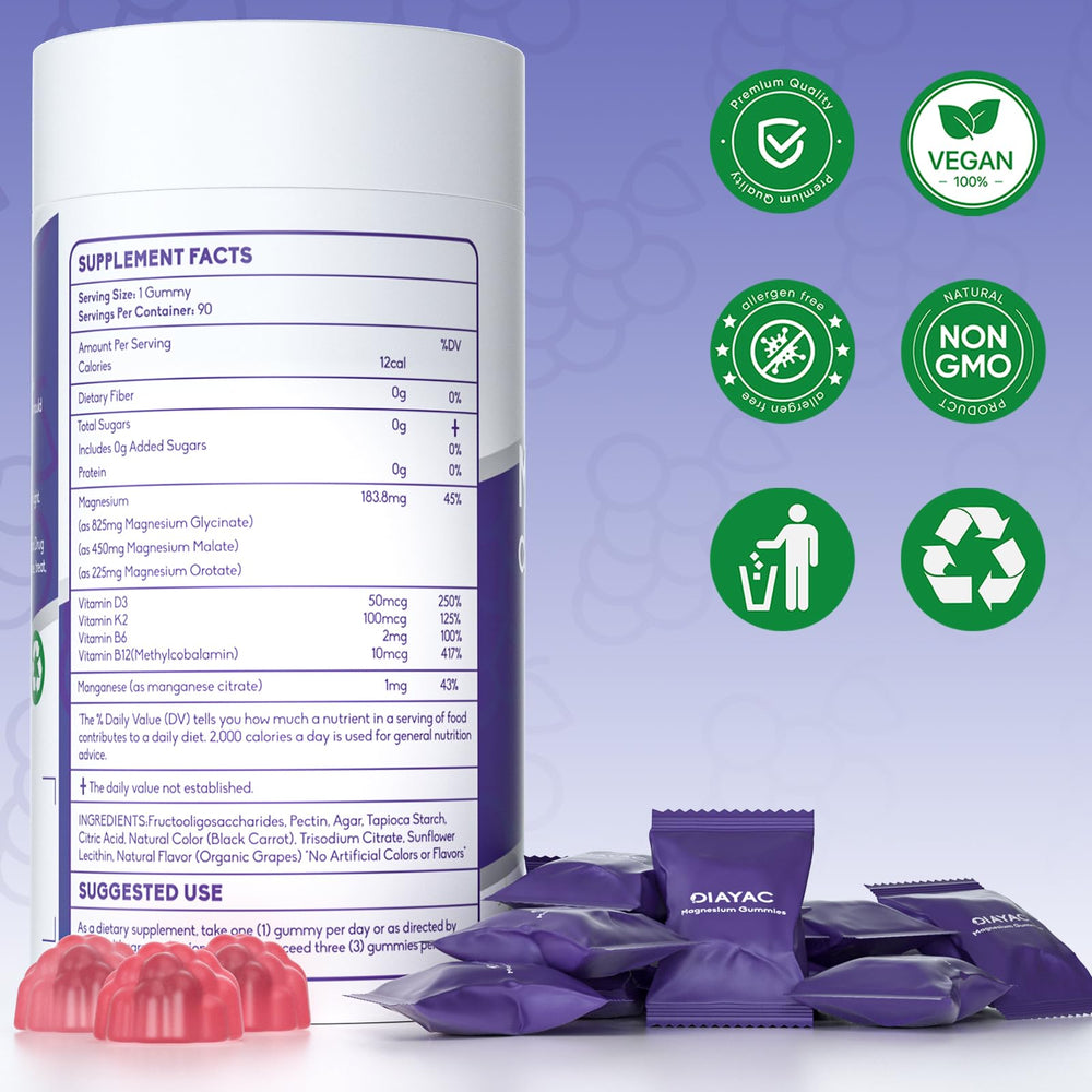 The DIAYAC Magnesium Complex Gummies bottle back explains vegan formula and uses.