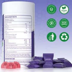 The DIAYAC Magnesium Complex Gummies bottle back explains vegan formula and uses.