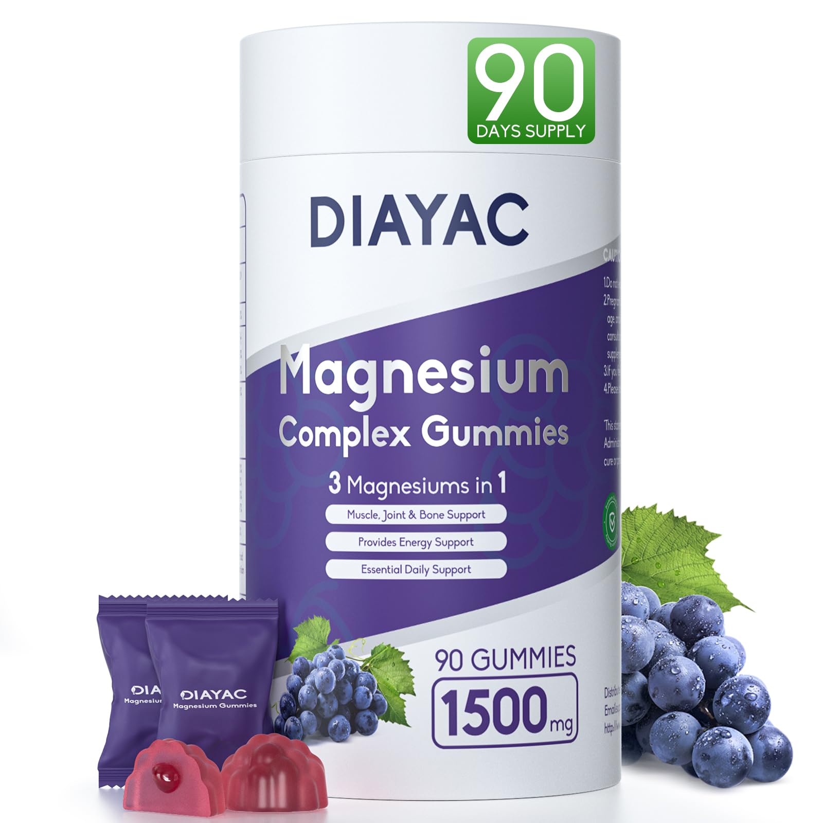 The DIAYAC Magnesium Complex Gummies bottle front shows daily vegan magnesium support.
