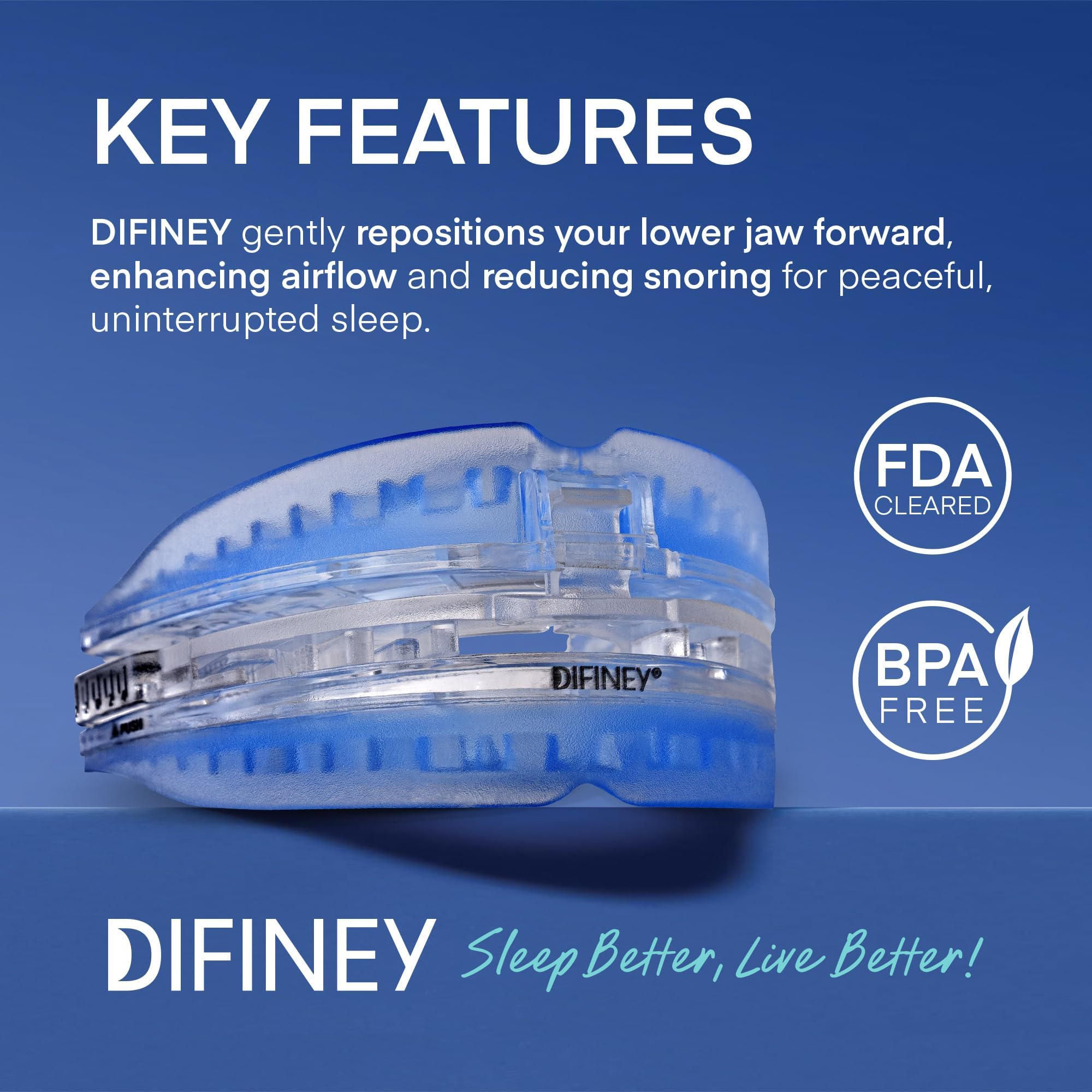 Difiney Anti Snoring Device adjustable dial demonstrates 1–6 mm customization for personalized comfort.
