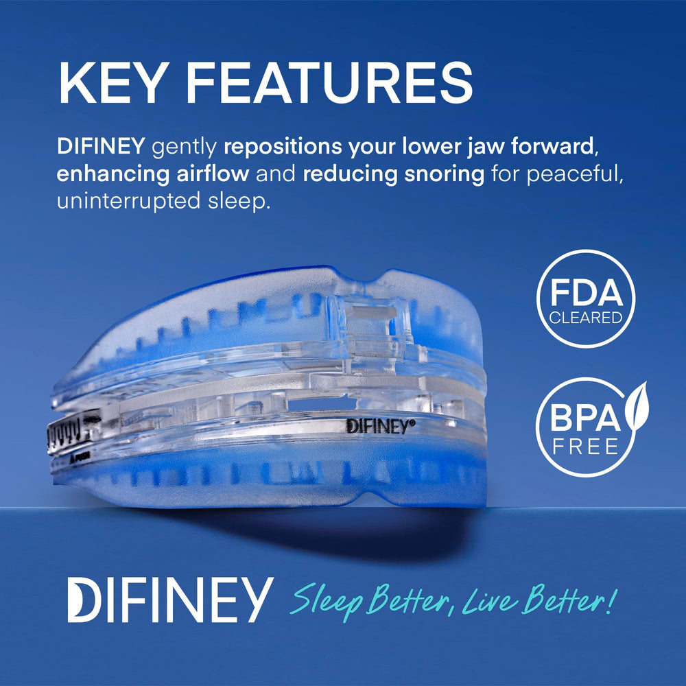 Difiney Anti Snoring Device adjustable dial demonstrates 1–6 mm customization for personalized comfort.