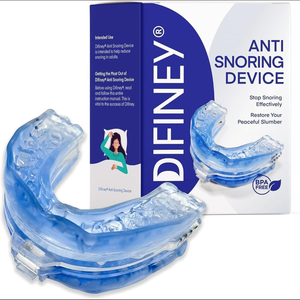 Difiney anti-snoring device front view showing sleek mouthpiece design for better sleep