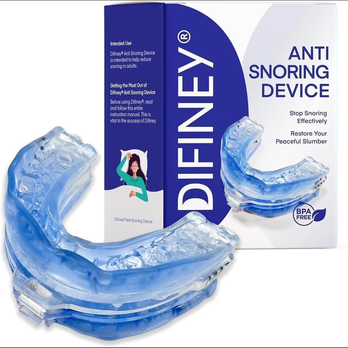 Difiney anti-snoring device front view showing sleek mouthpiece design for better sleep