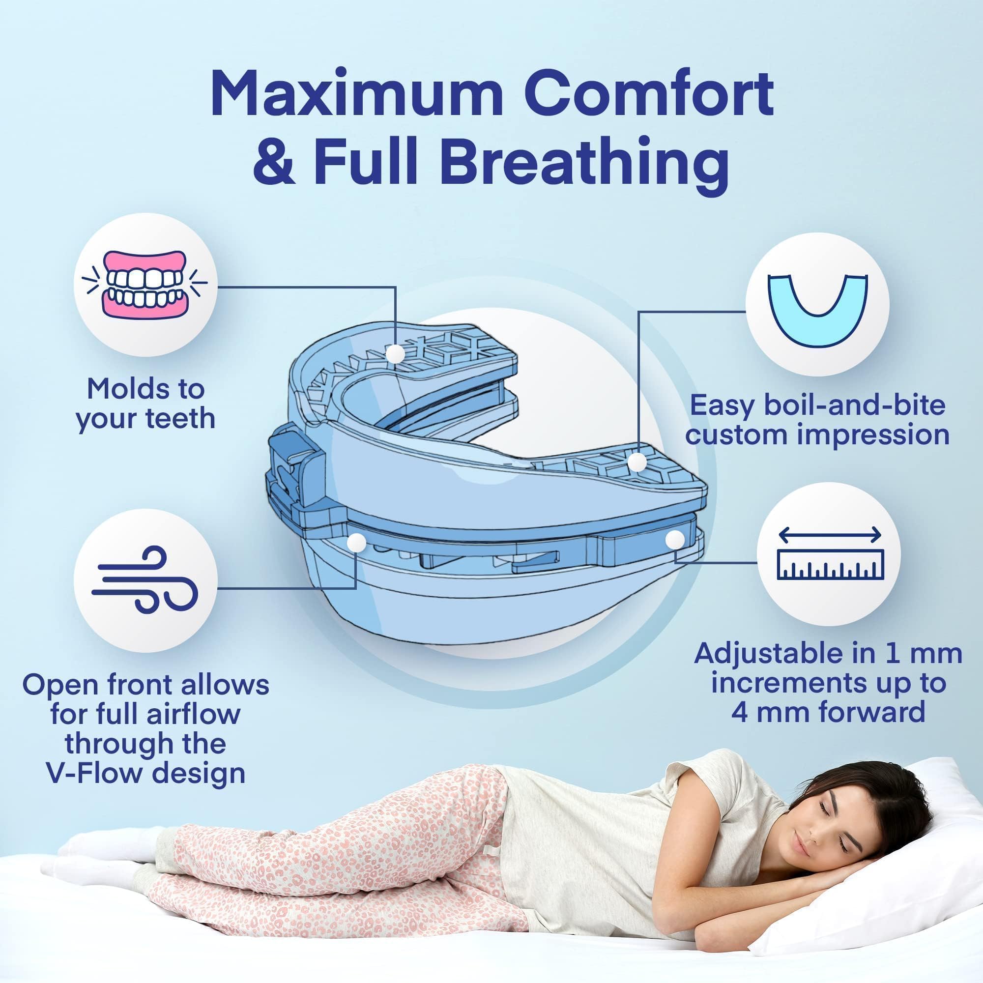 Difiney anti-snoring device in-use night promotes smoother airflow for quieter nights