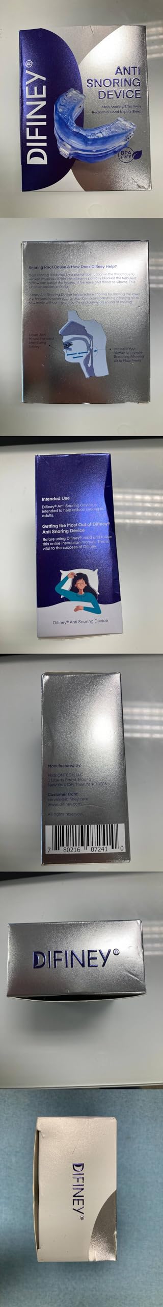 Difiney Anti Snoring Device packaging box with included accessories.