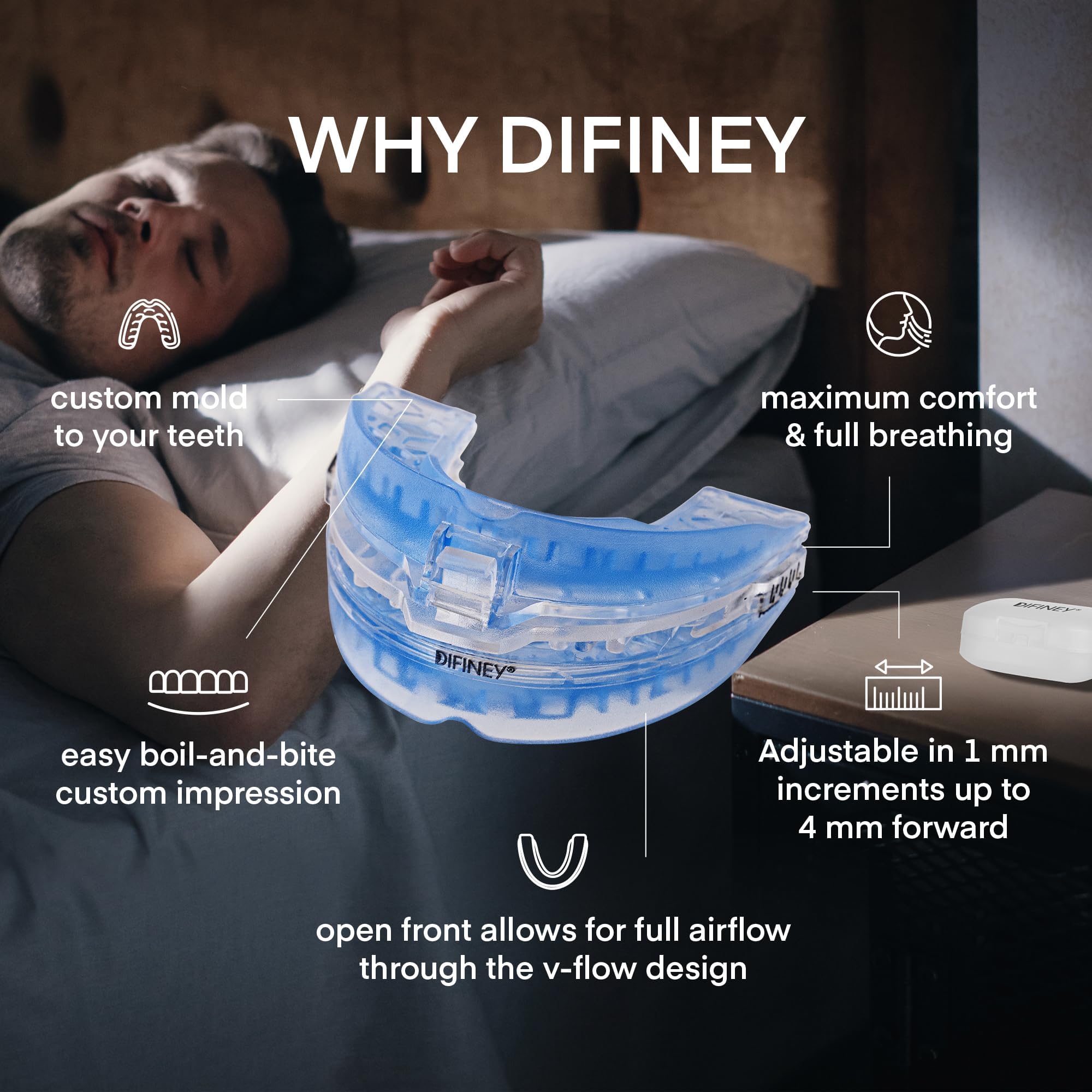 Difiney Anti Snoring Device soft medical-grade material ensuring skin-friendly nightly wear.