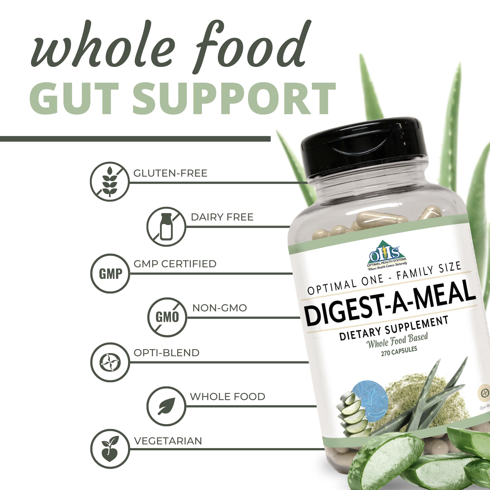 Digest-A-Meal bottle on table with meals signaling easy digestion support.