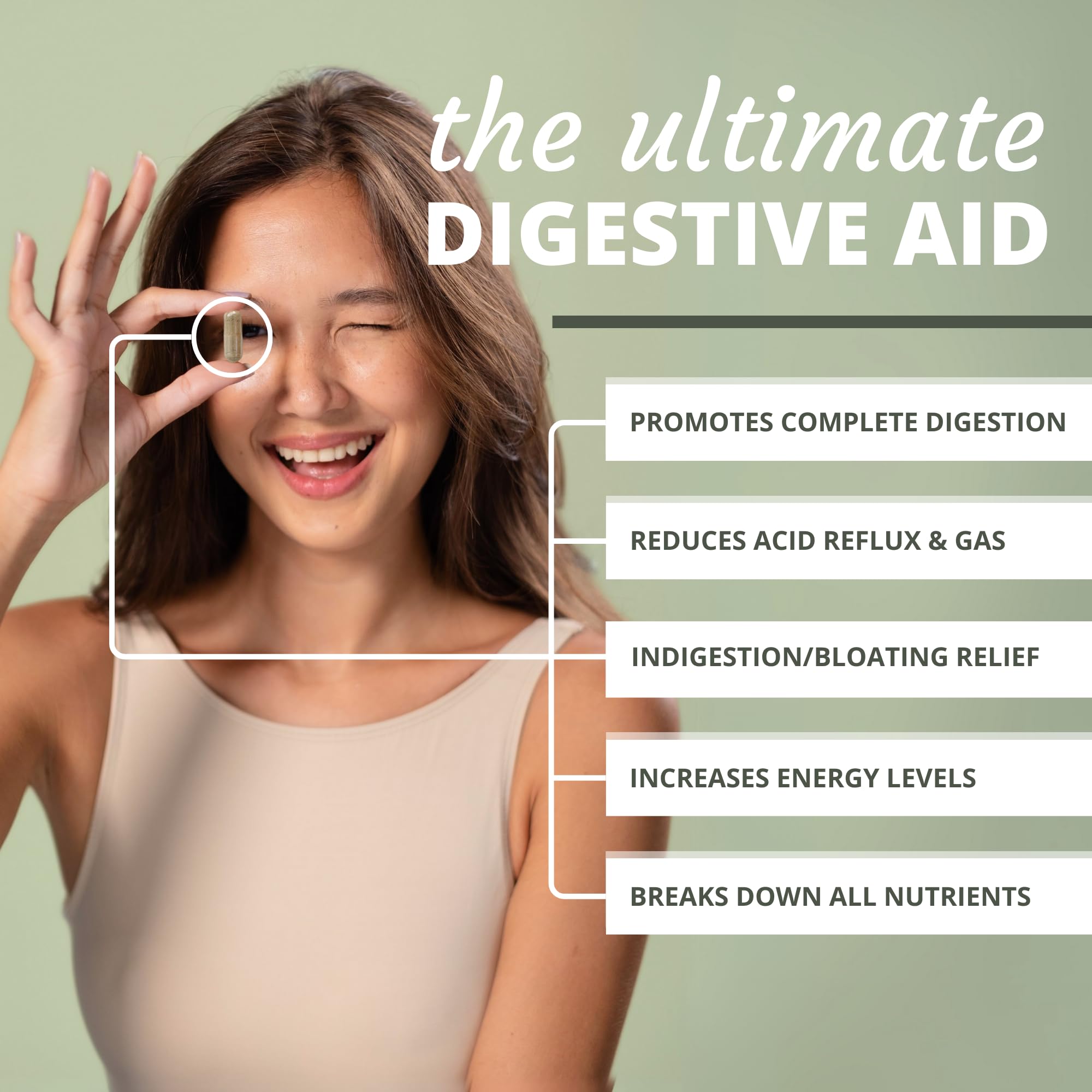 Digest-A-Meal capsules dispensed in hand for on-the-go digestion aid.