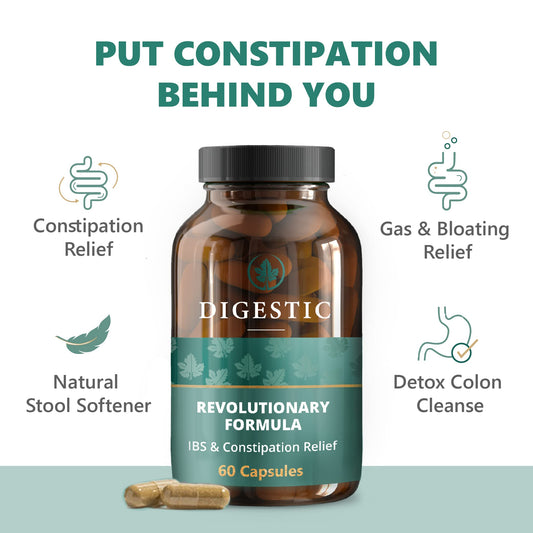 Digestic herbal blend ingredients highlight plant-based bowel comfort.