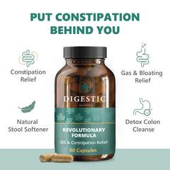 Digestic herbal blend ingredients highlight plant-based bowel comfort.