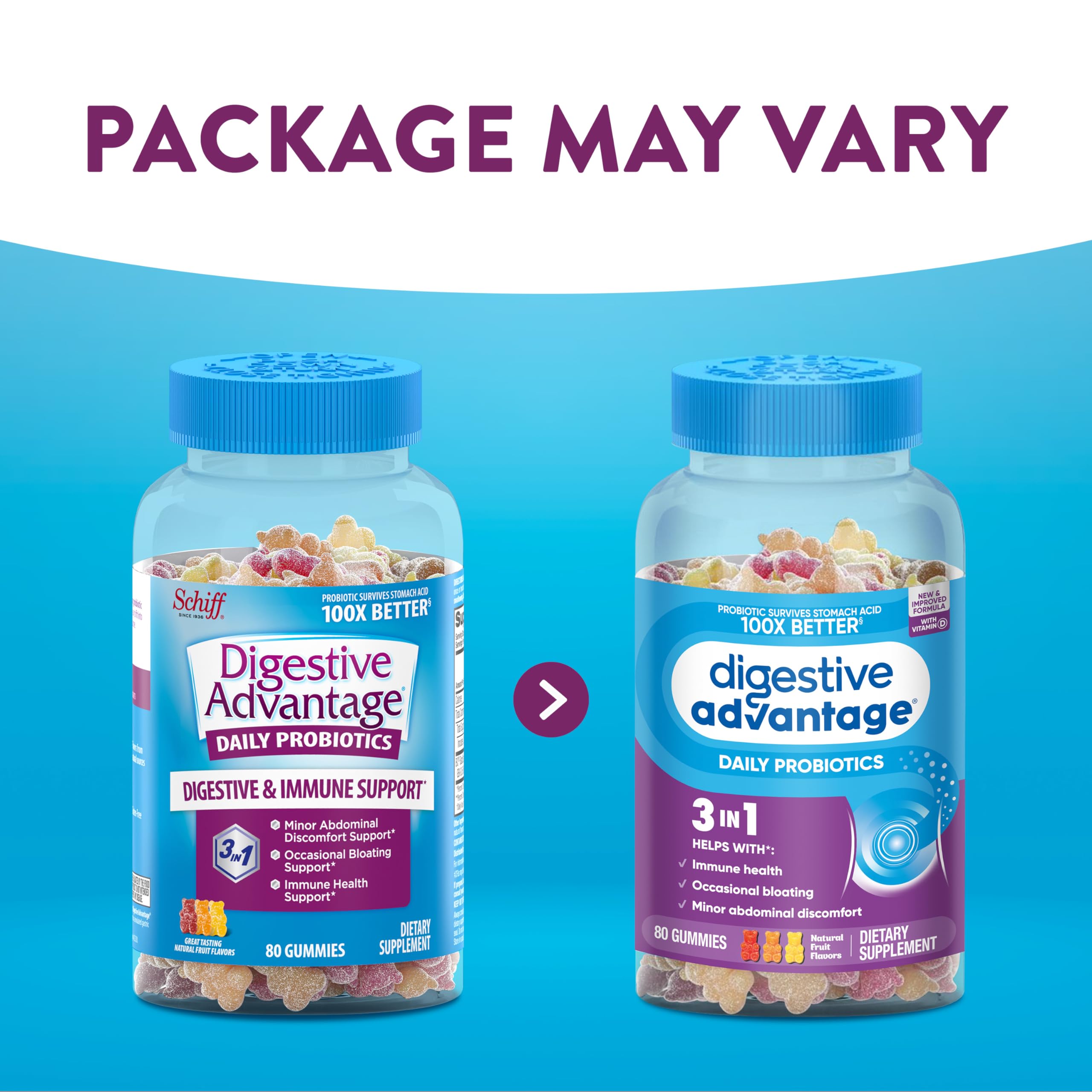 Digestive Advantage daily probiotic gummies back-label shows nutrition facts and directions.