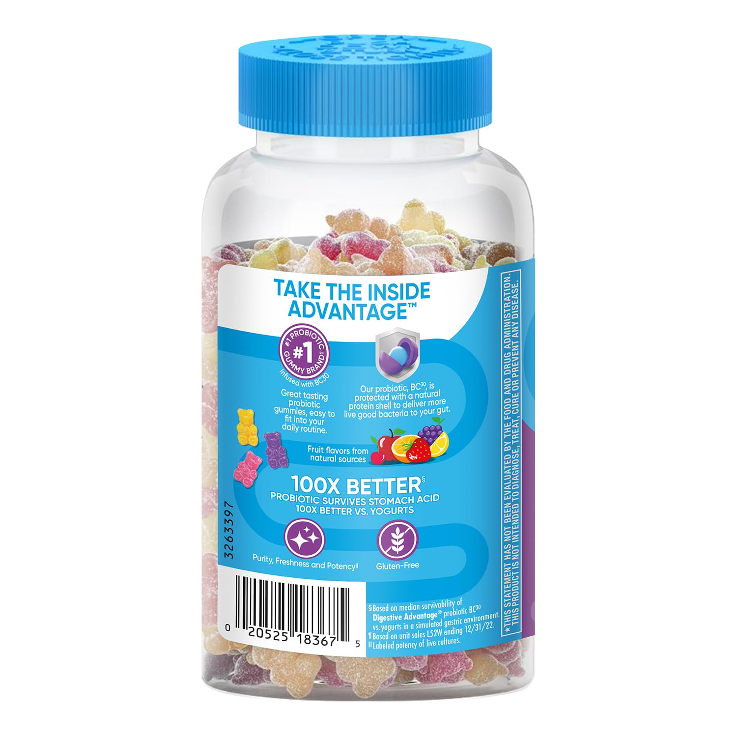 Digestive Advantage daily probiotic gummies pouring from bottle for easy dosing.
