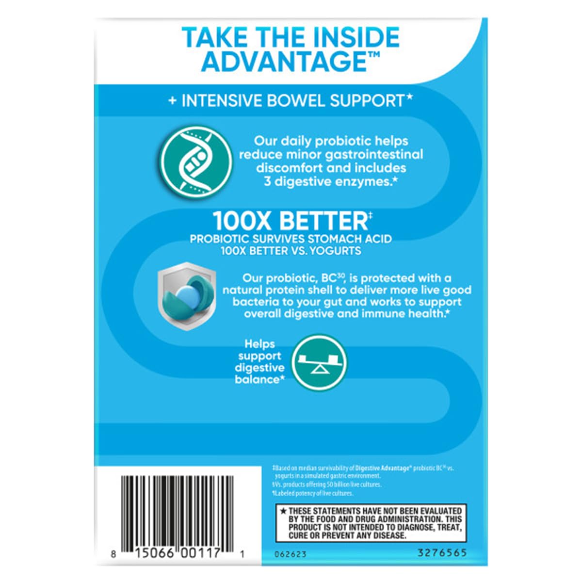 Digestive Advantage IBS packaging shows listed digestive enzymes for better breakdown