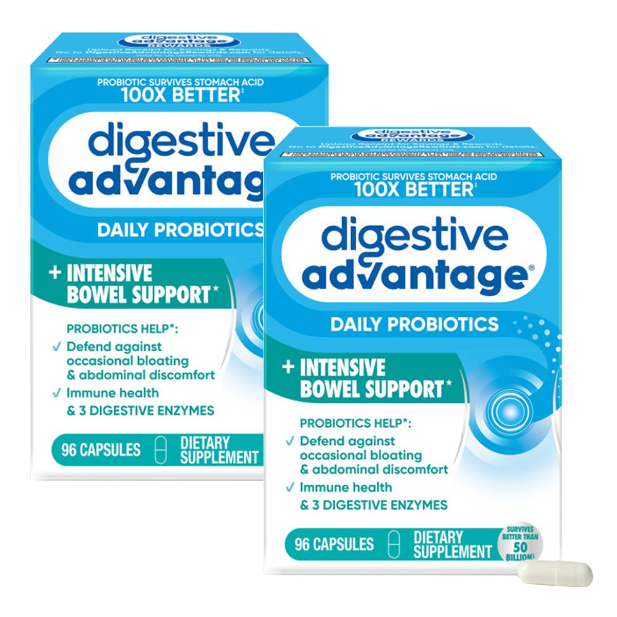 Digestive Advantage IBS Probiotics bottle label highlighting 96 capsules for gut health
