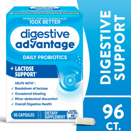 Digestive Advantage lactase enzyme capsules aid lactose breakdown.
