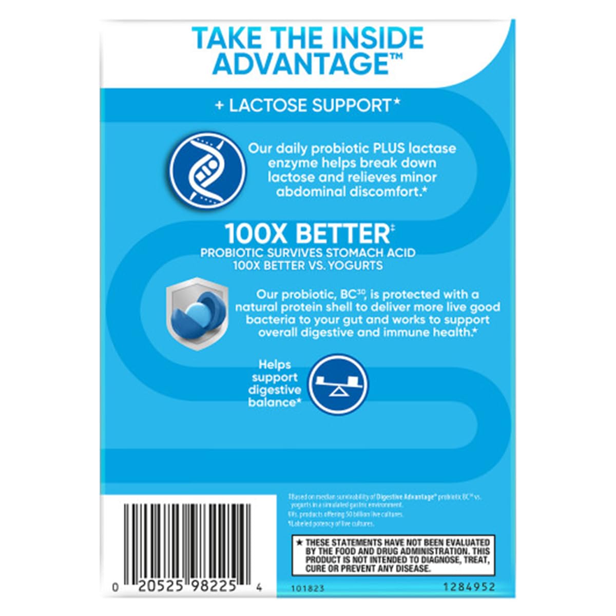Digestive Advantage lactase enzymes capsules aiding lactose digestion.