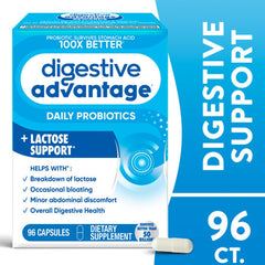 Digestive Advantage lactase pills close-up showing lactose digestion aid.