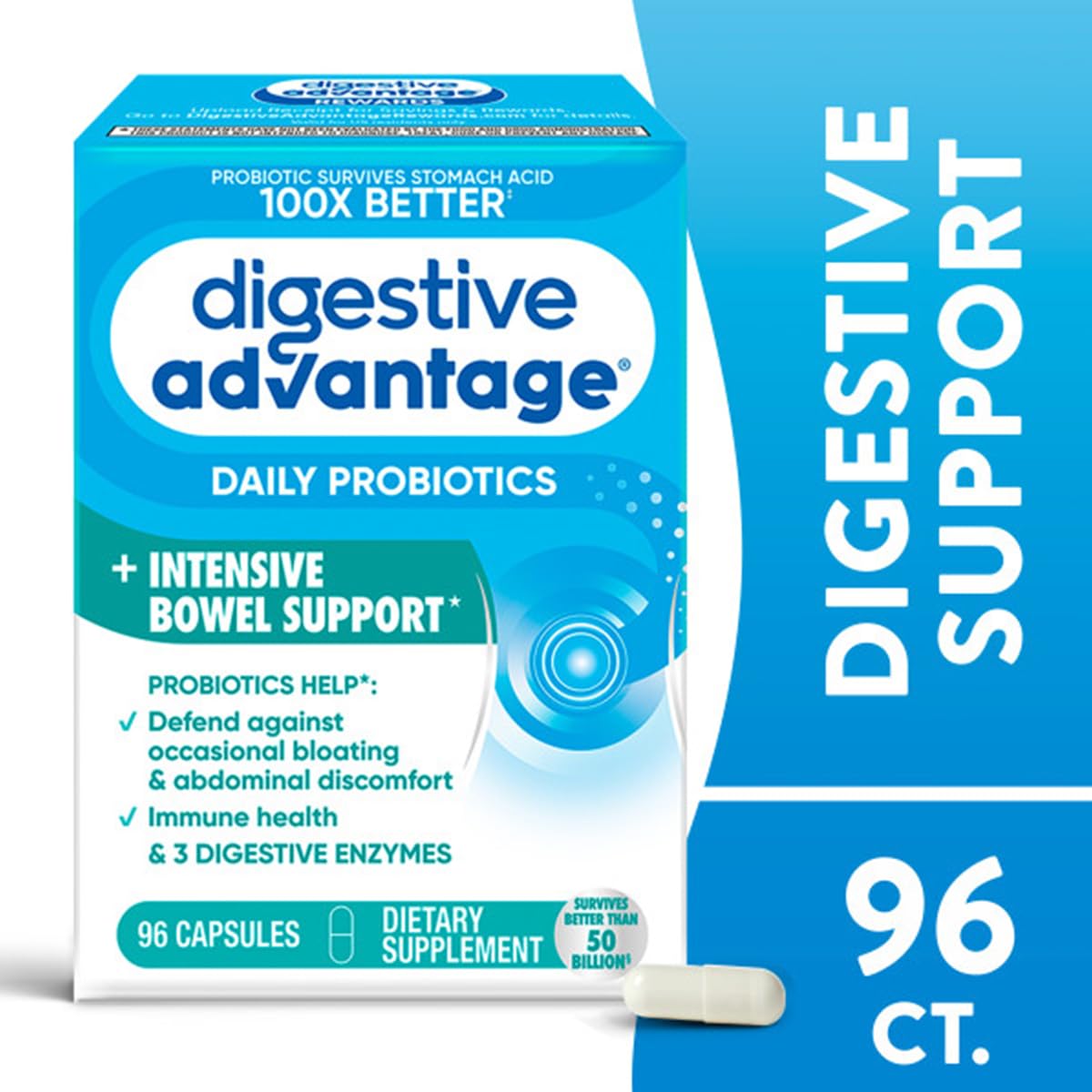 Digestive Advantage probiotic capsule bottle close-up emphasizing immune support