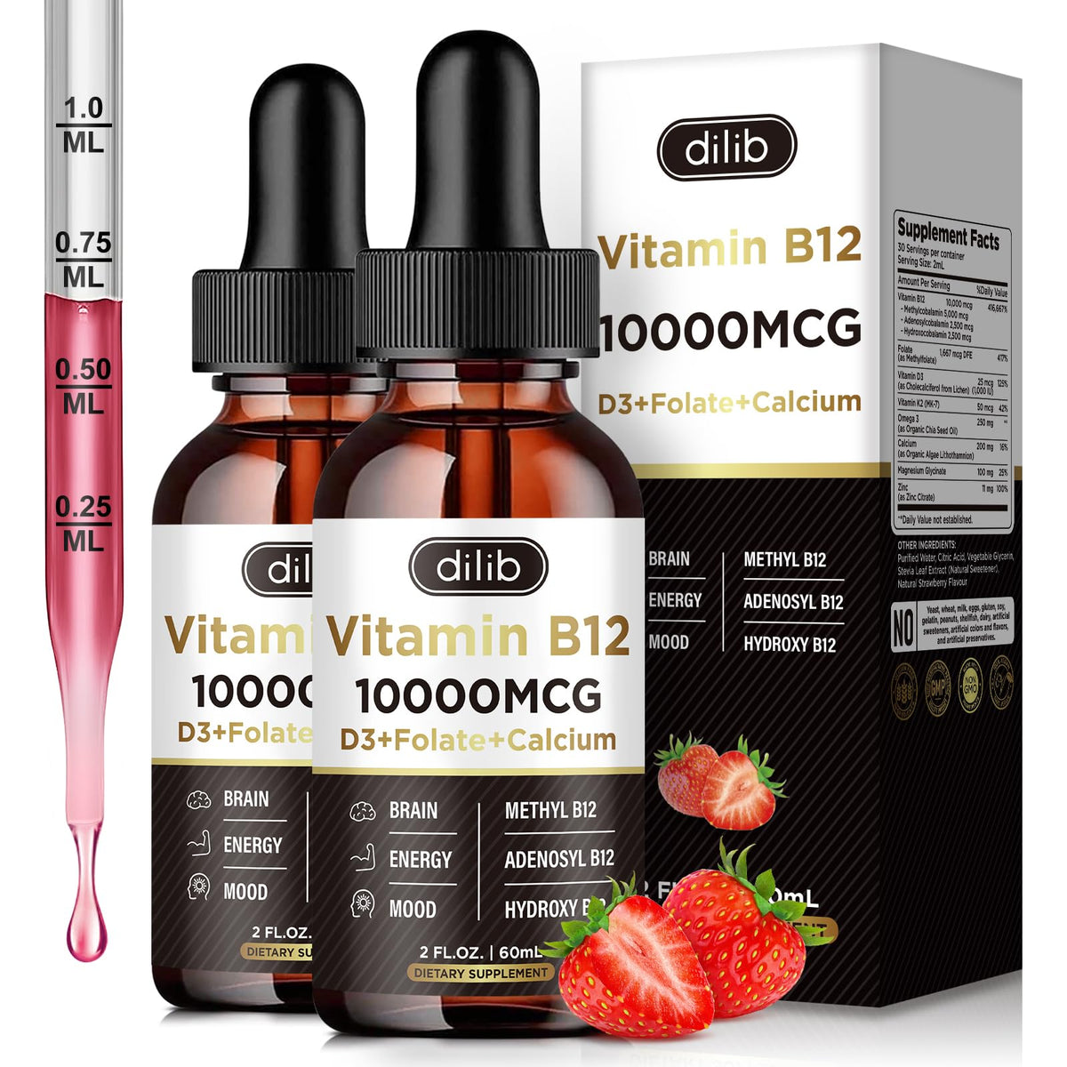 Dilib B12 liquid drops bottle with strawberry flavor for easy daily use