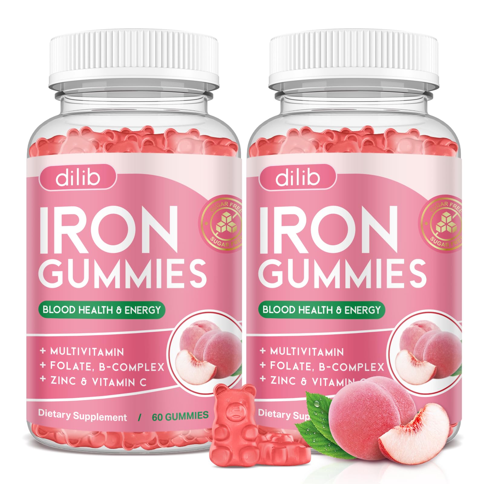 Dilib Iron Gummies bottle front shows convenient daily iron support.