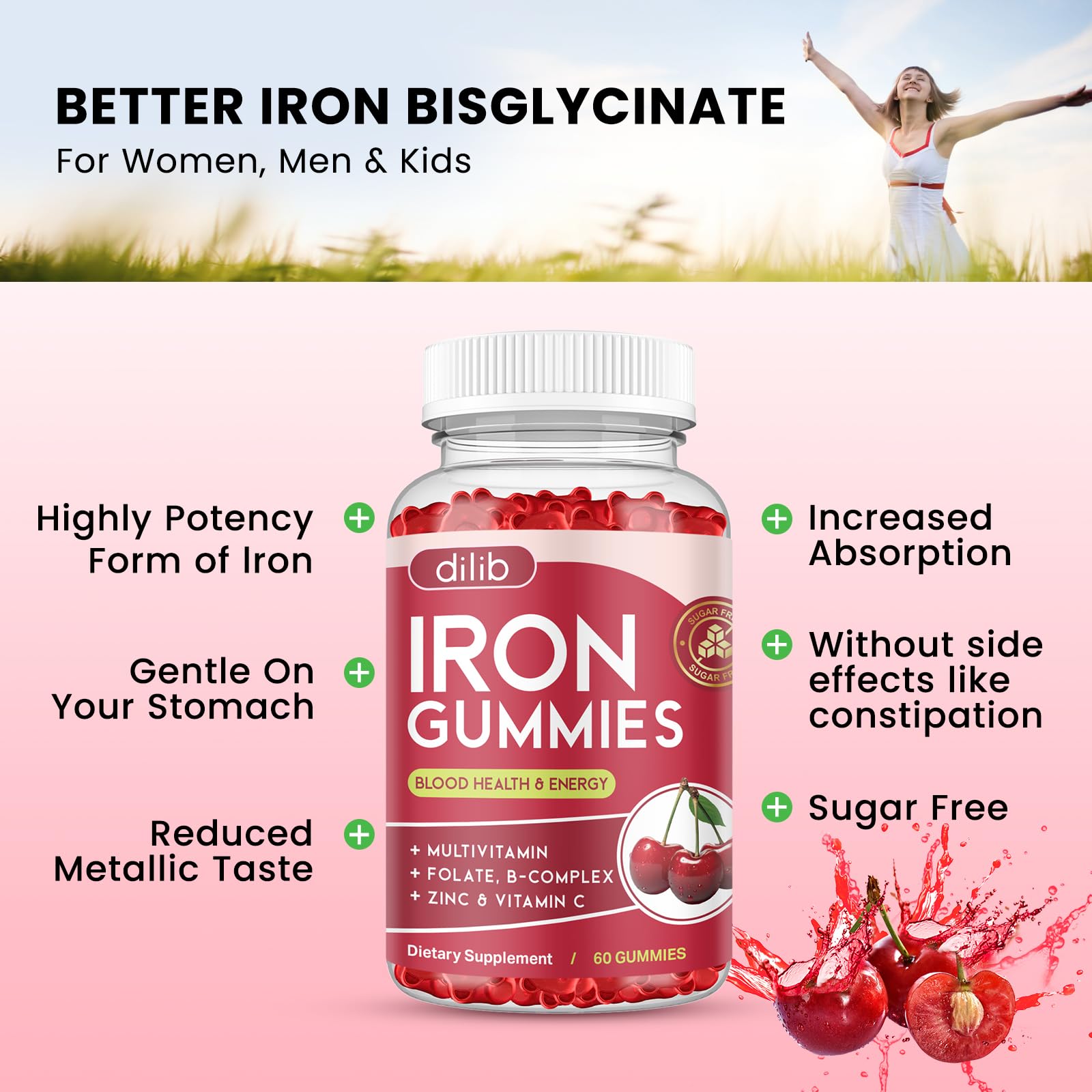 Dilib Iron Gummies bottle pour showing easy daily iron intake.